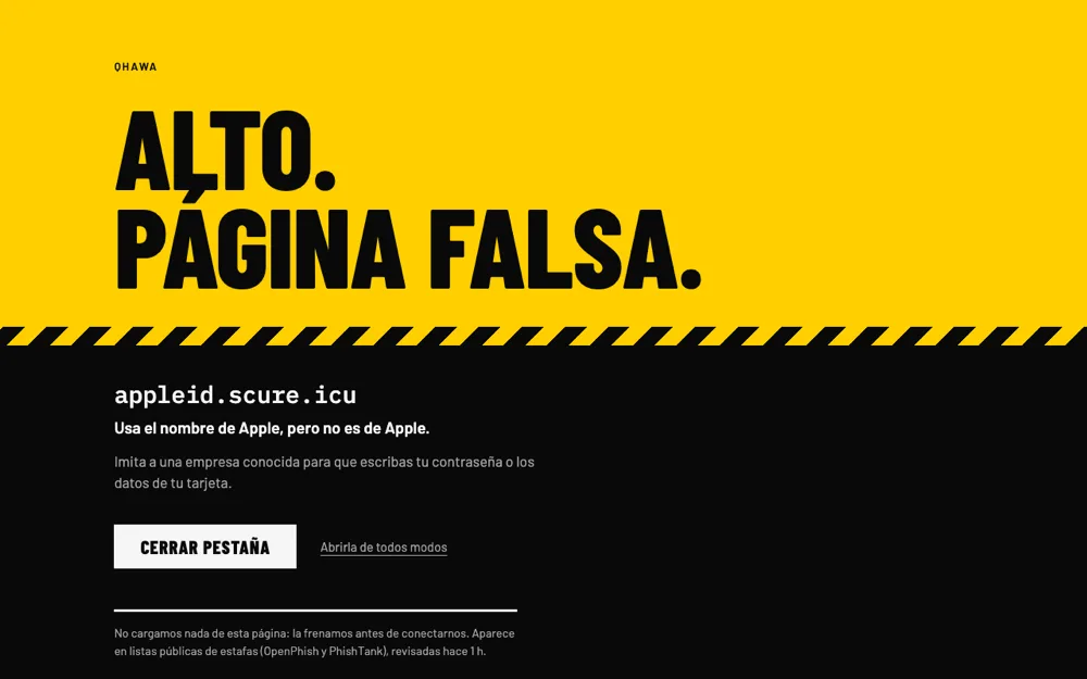 Aviso de Qhawa: Alto. Página falsa. Usa el nombre de Apple, pero no es de Apple.